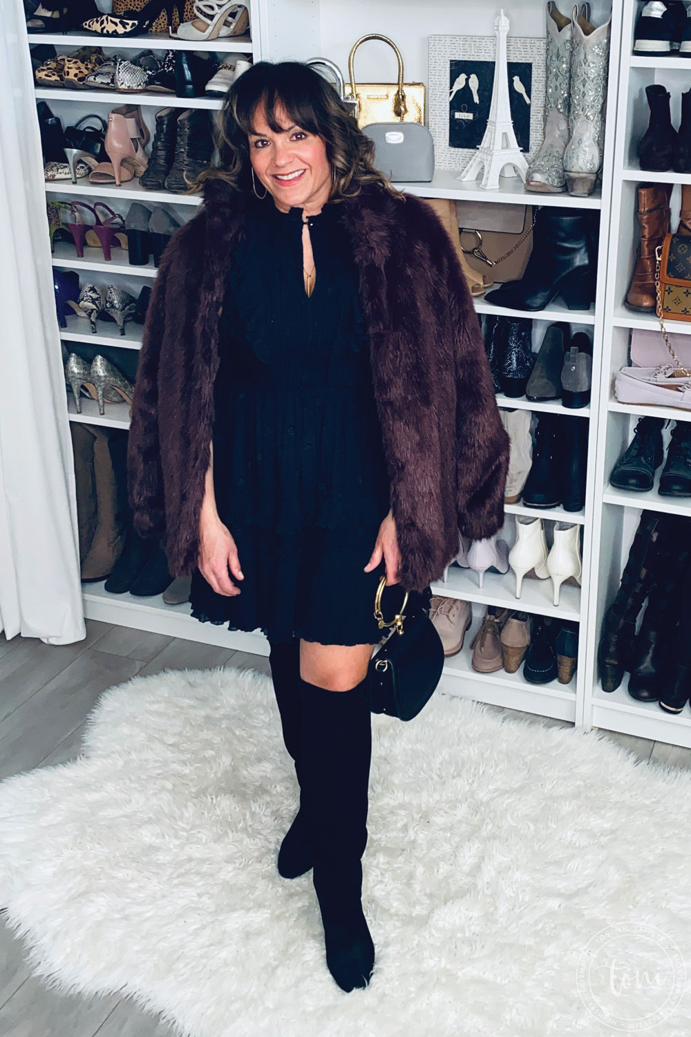 Kate Spade Ruffled Dress and Knee High Booties with Fur Jacket
